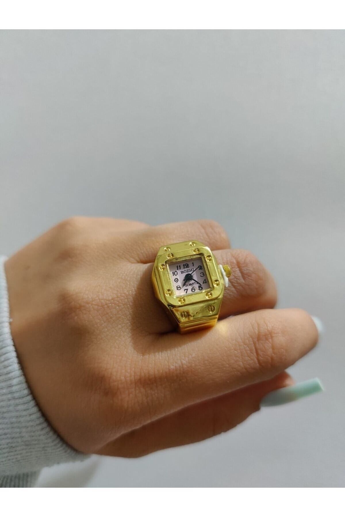 Mini Saat Yüzük, Parmak Saat, Minik Yüzük Saat, Altın - Pembe Kare Mini Saat Yüzük