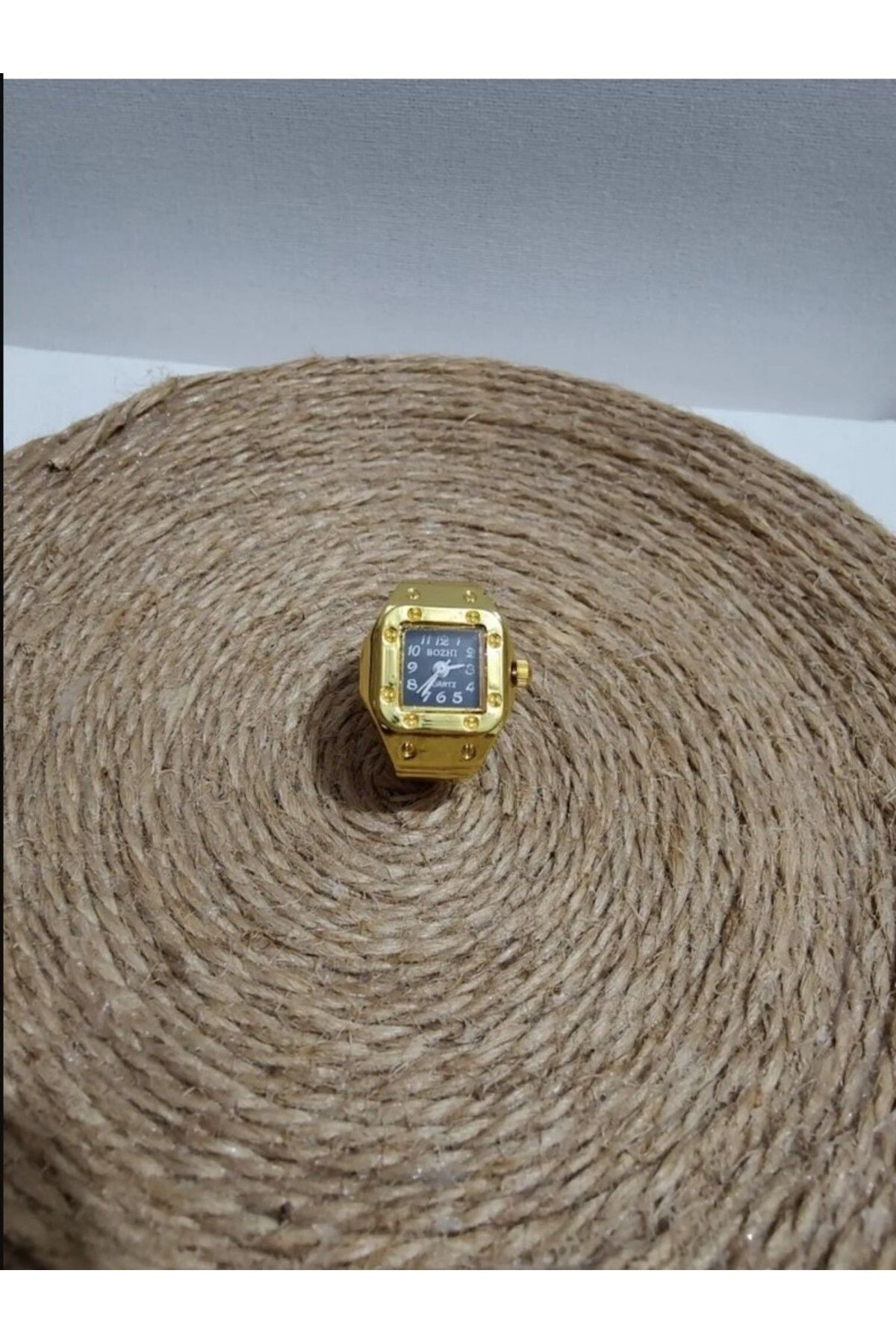 Altın Siyah Mini Saat Yüzük, Parmak Saat, Minik Yüzük Saat, Altın - Gold Renk Kare Mini Saat Yüzük