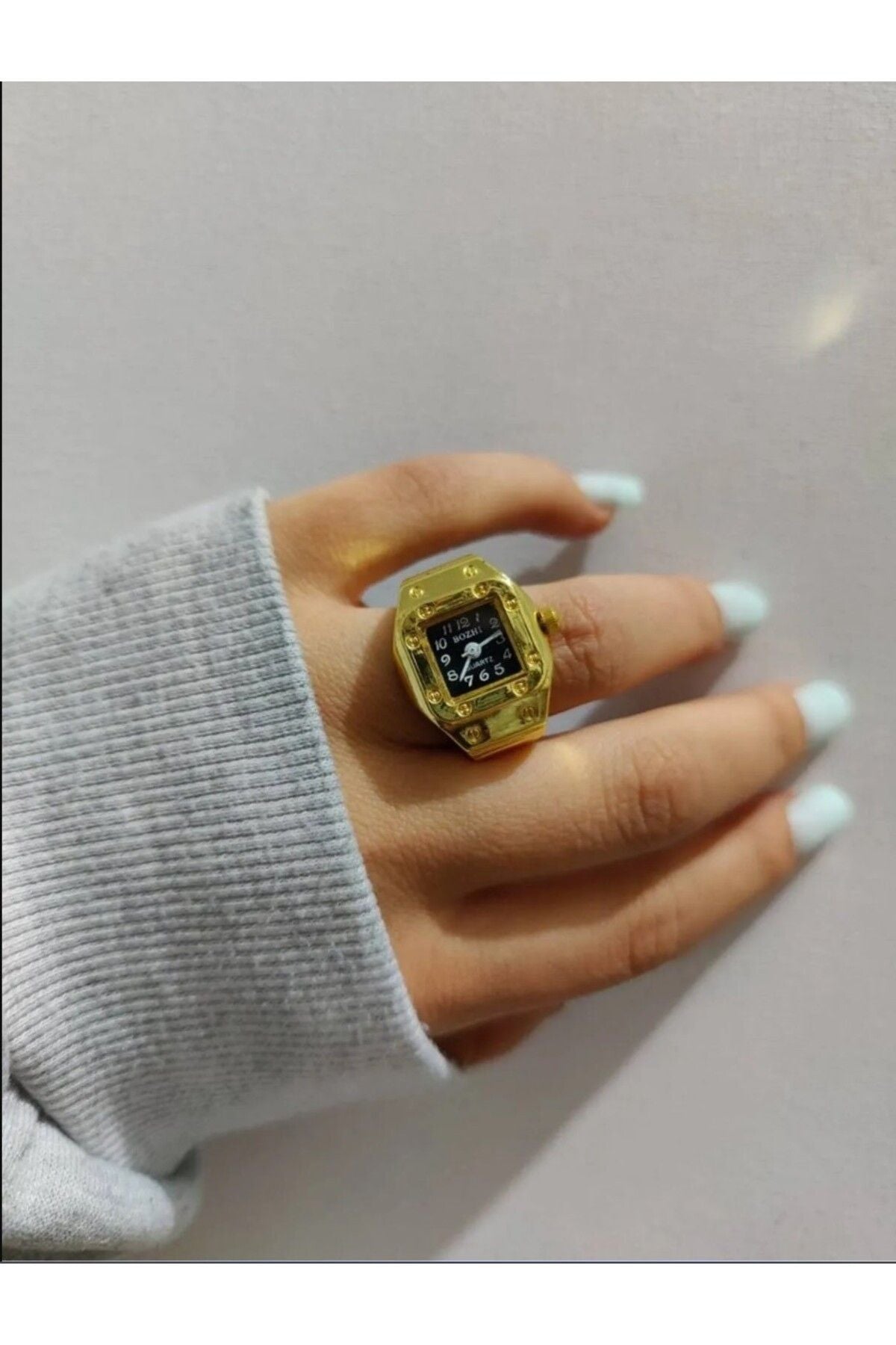 Altın Siyah Mini Saat Yüzük, Parmak Saat, Minik Yüzük Saat, Altın - Gold Renk Kare Mini Saat Yüzük