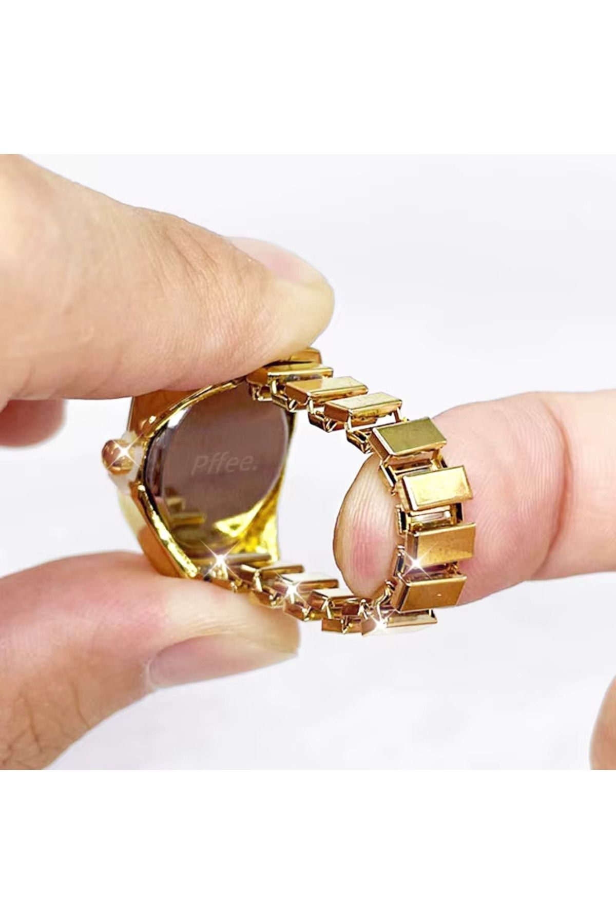 Altın Gold Renk Mini Saat Yüzük, Gerçek Yüzük Saat, Parmak Saat Yüzük, Gold Kare Yüzük Saat