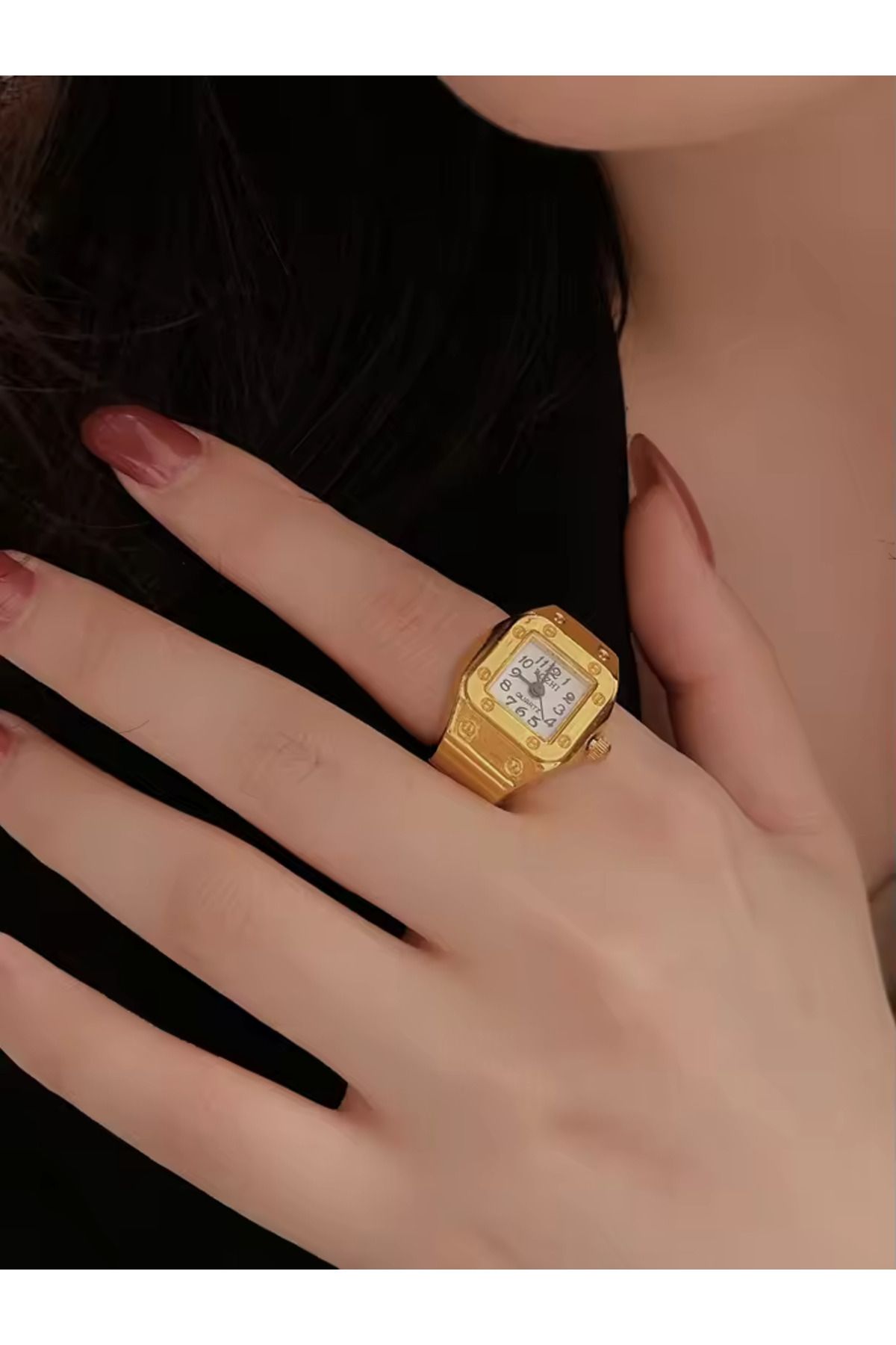 Hediye Beyaz Altın Gold Renk Mini Saat Yüzük, Gerçek Yüzük Saat, Parmak Saat Yüzük, Kare Yüzük Saat