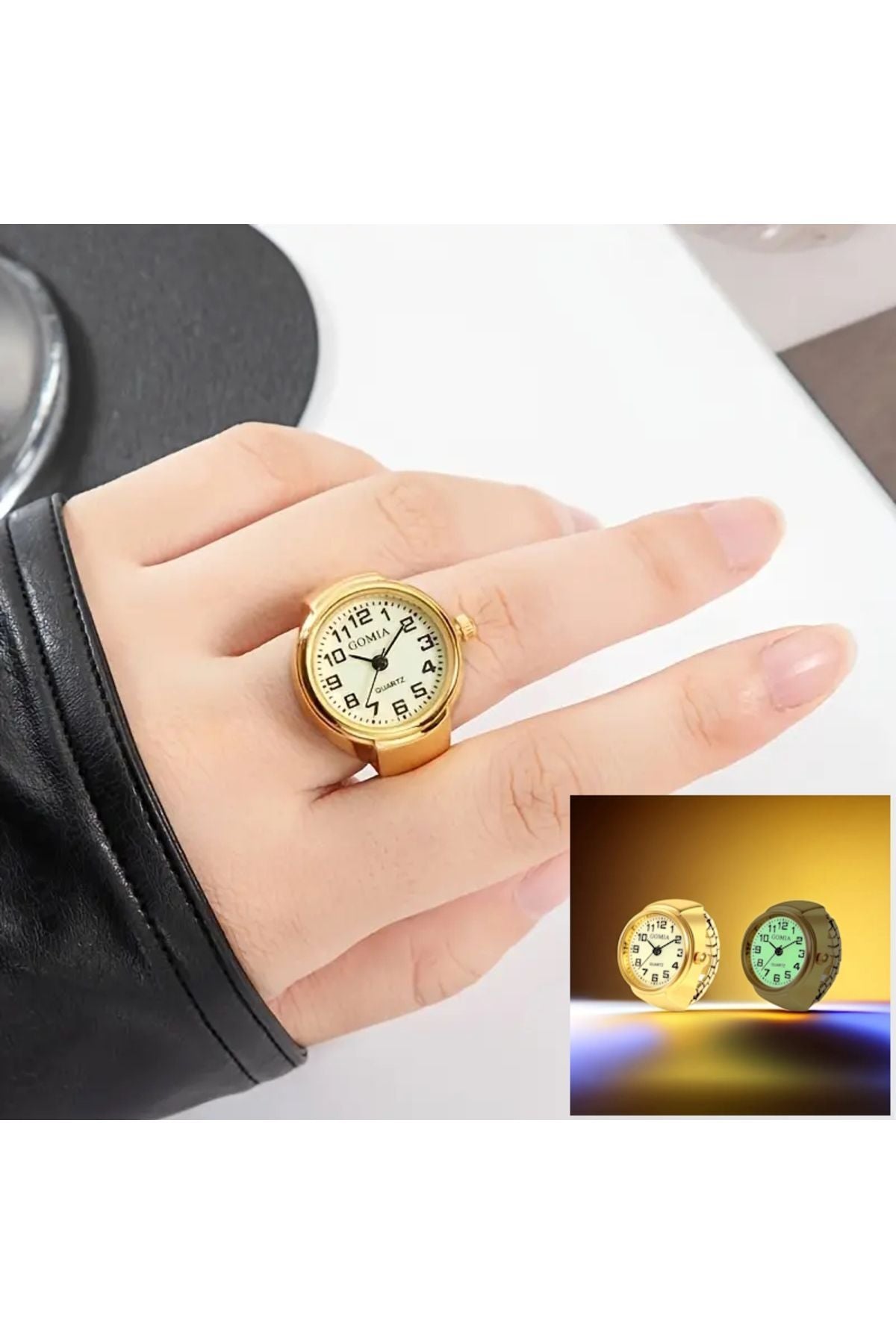 Fosforlu Yüzük Saat Gold Renk Gümüş Kadran Parmak Saat, Yüzük Saat, Gerçek Yuvarlak Mini Saat Yüzük