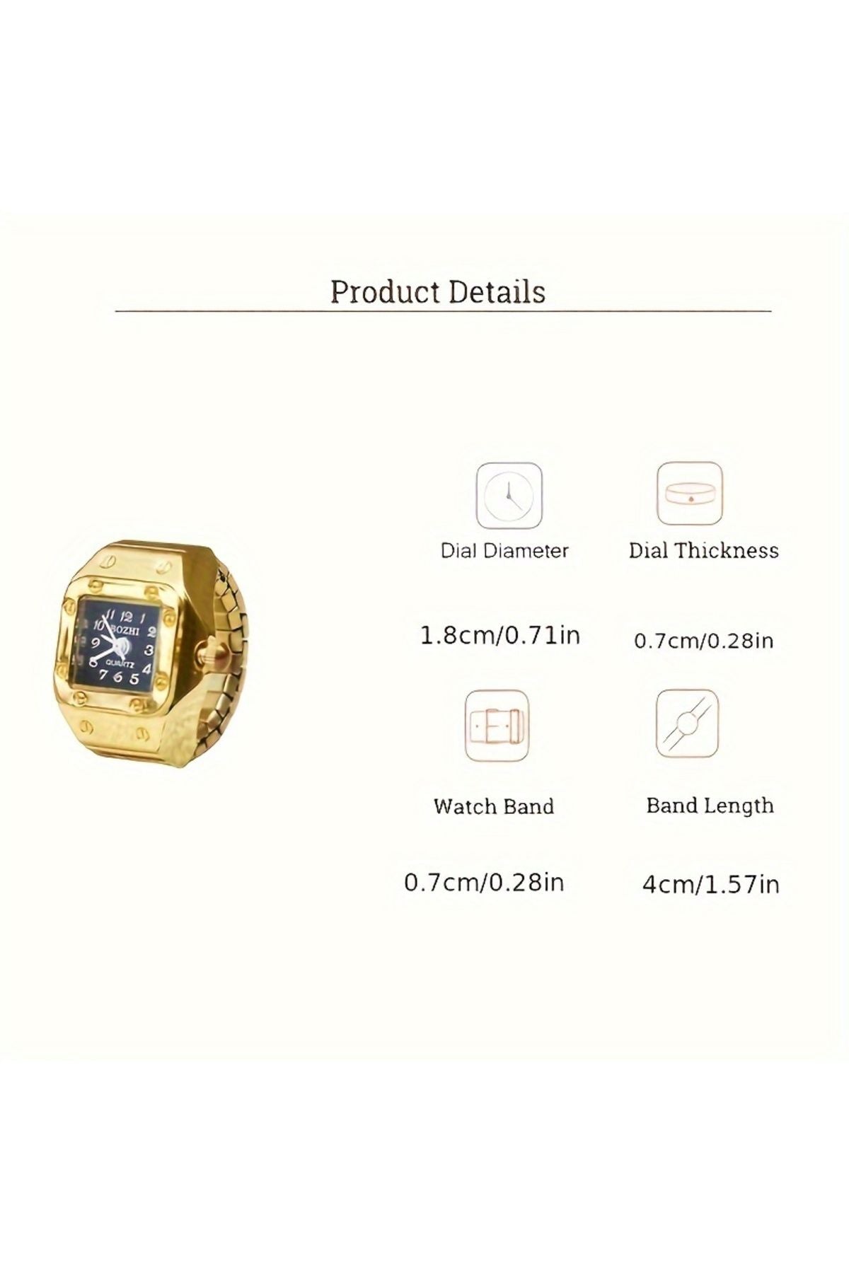 Altın Siyah Mini Saat Yüzük, Parmak Saat, Minik Yüzük Saat, Altın - Gold Renk Kare Mini Saat Yüzük
