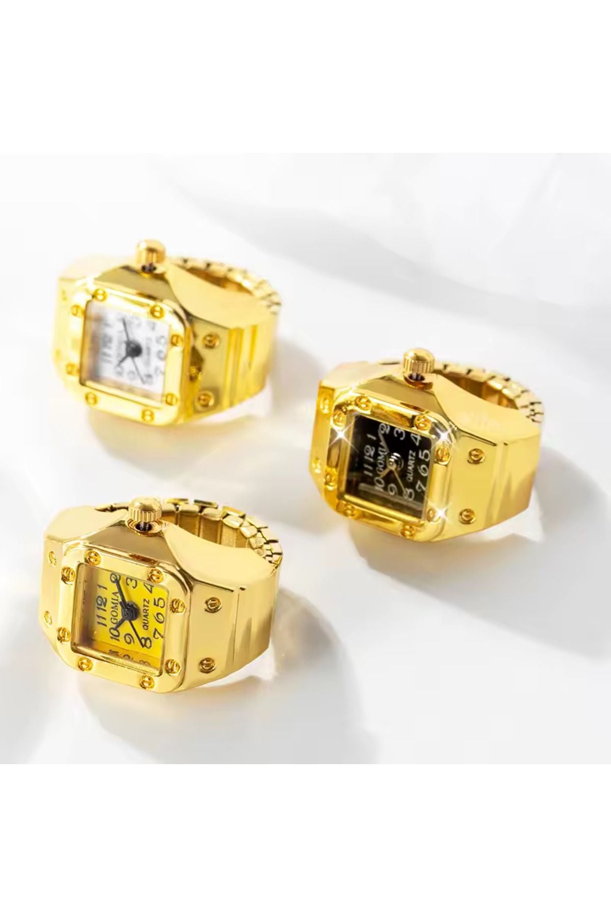 Altın Gold Renk Mini Saat Yüzük, Gerçek Yüzük Saat, Parmak Saat Yüzük, Gold Kare Yüzük Saat