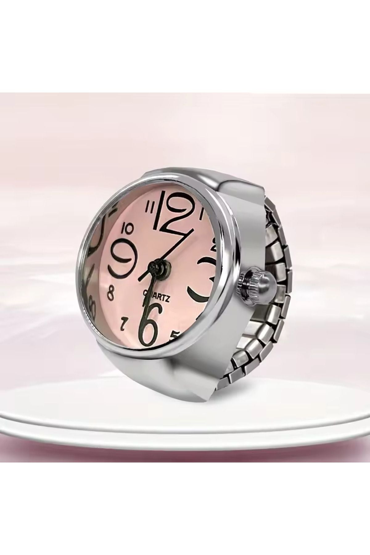Pembe Yüzük Saat, - Gümüş Aksesuar - Parmak Saat, Minik Yüzük Saat, Gerçek Yuvarlak Mini Saat Yüzük
