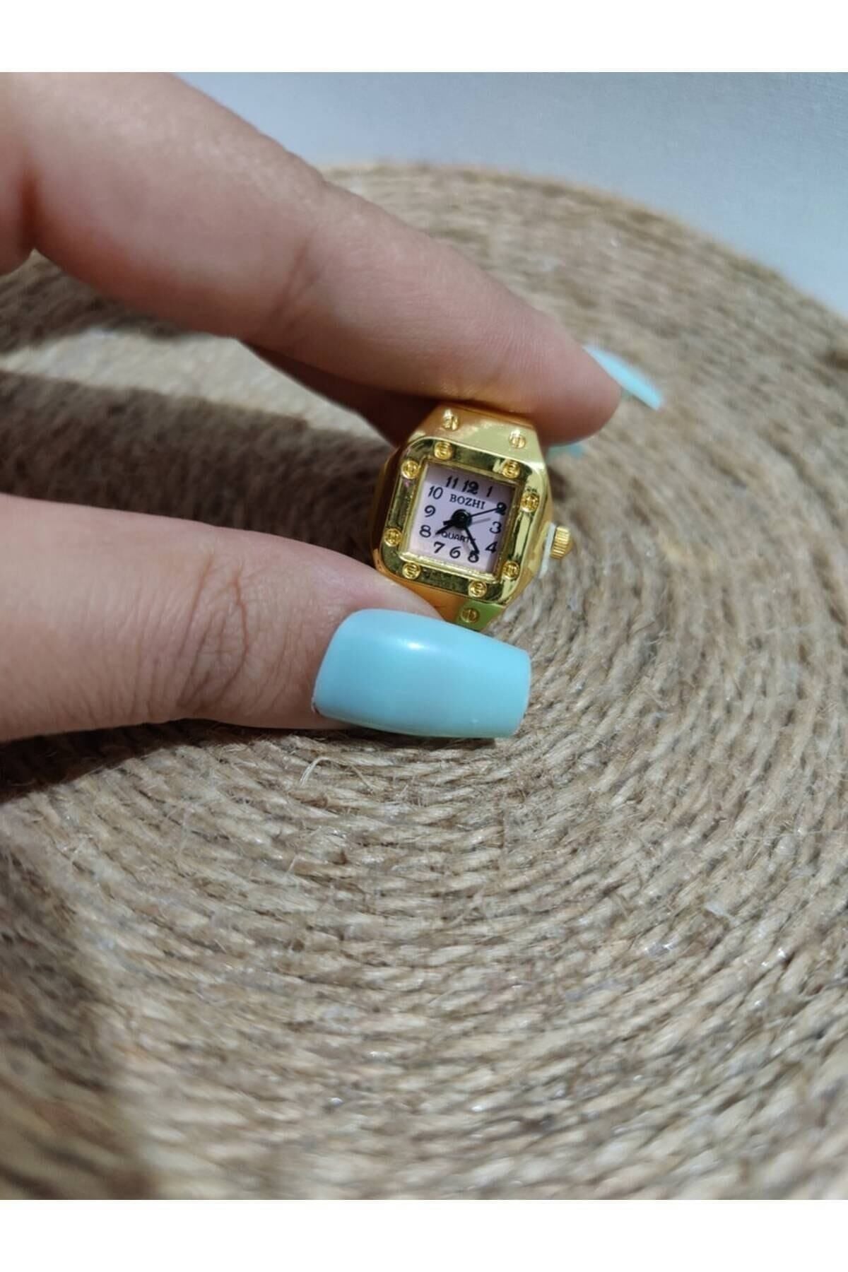 Mini Saat Yüzük, Parmak Saat, Minik Yüzük Saat, Altın - Pembe Kare Mini Saat Yüzük