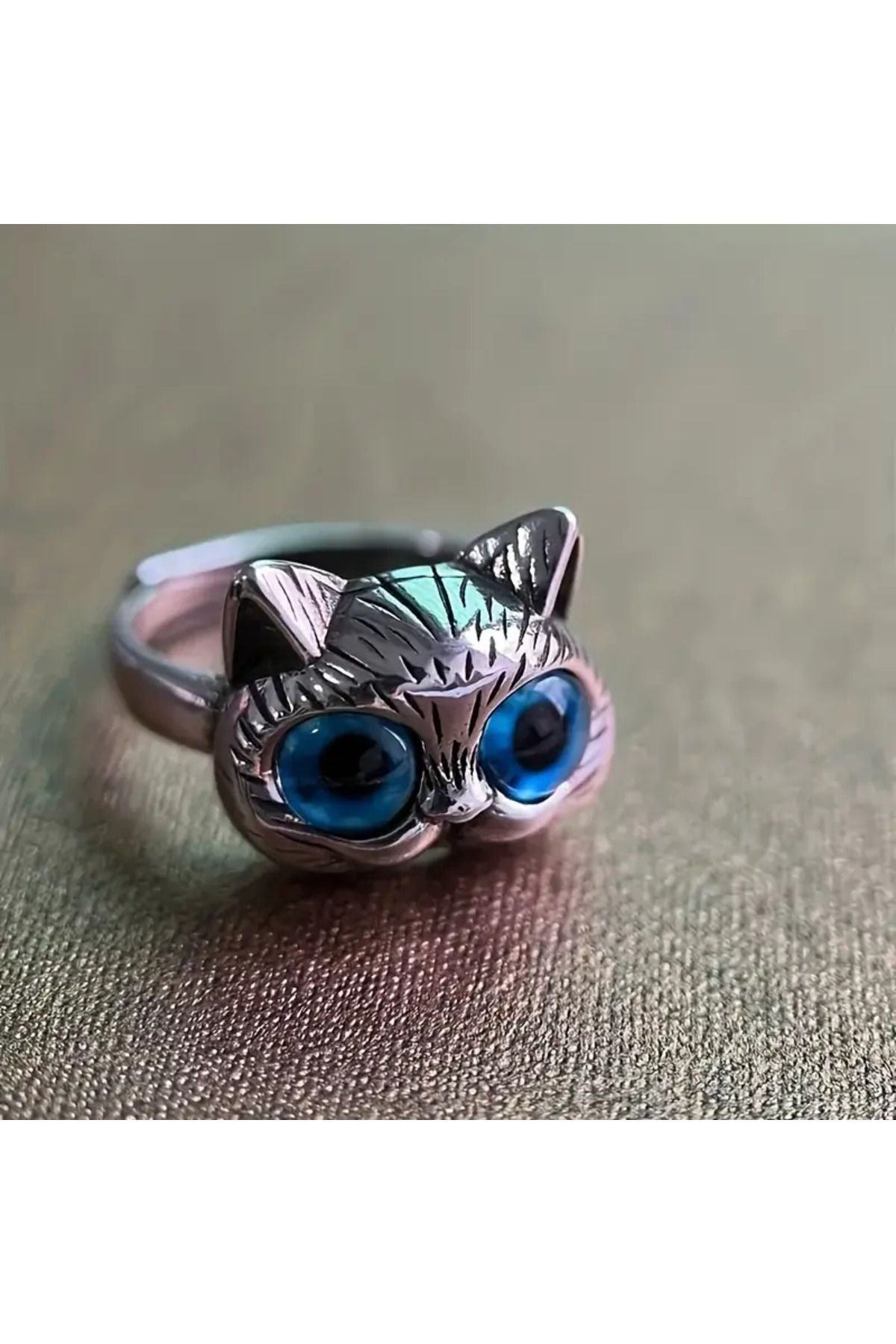 Mavi Gözlü Kedi Yüzük, Ayarlanabilir Yüzük, Kem Gözlerden Koruyan Retro ve Şık Tasarım