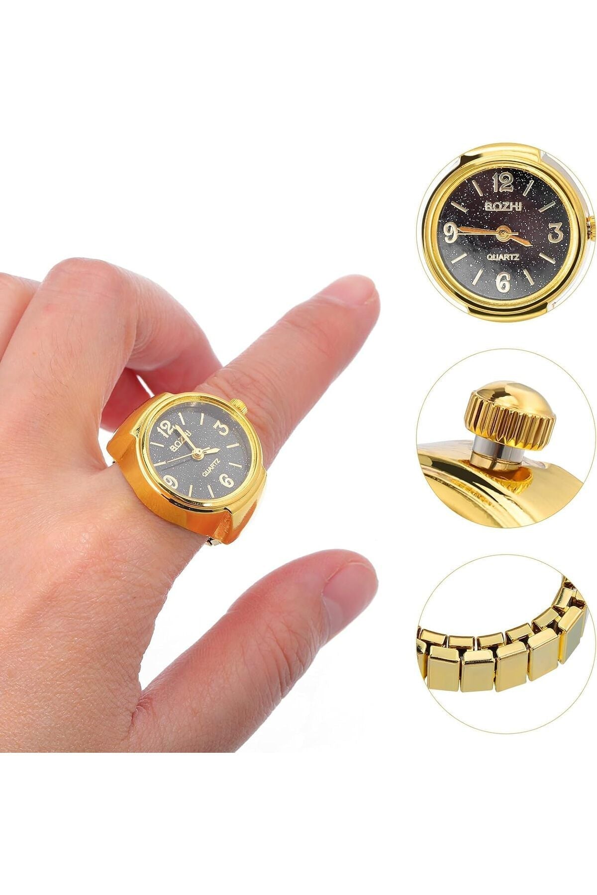 Hediye Yaldız Siyah Kadran Gold Renk - Gümüş Kadran Parmak Saat, Gerçek Yüzük Yuvarlak Mini Saat