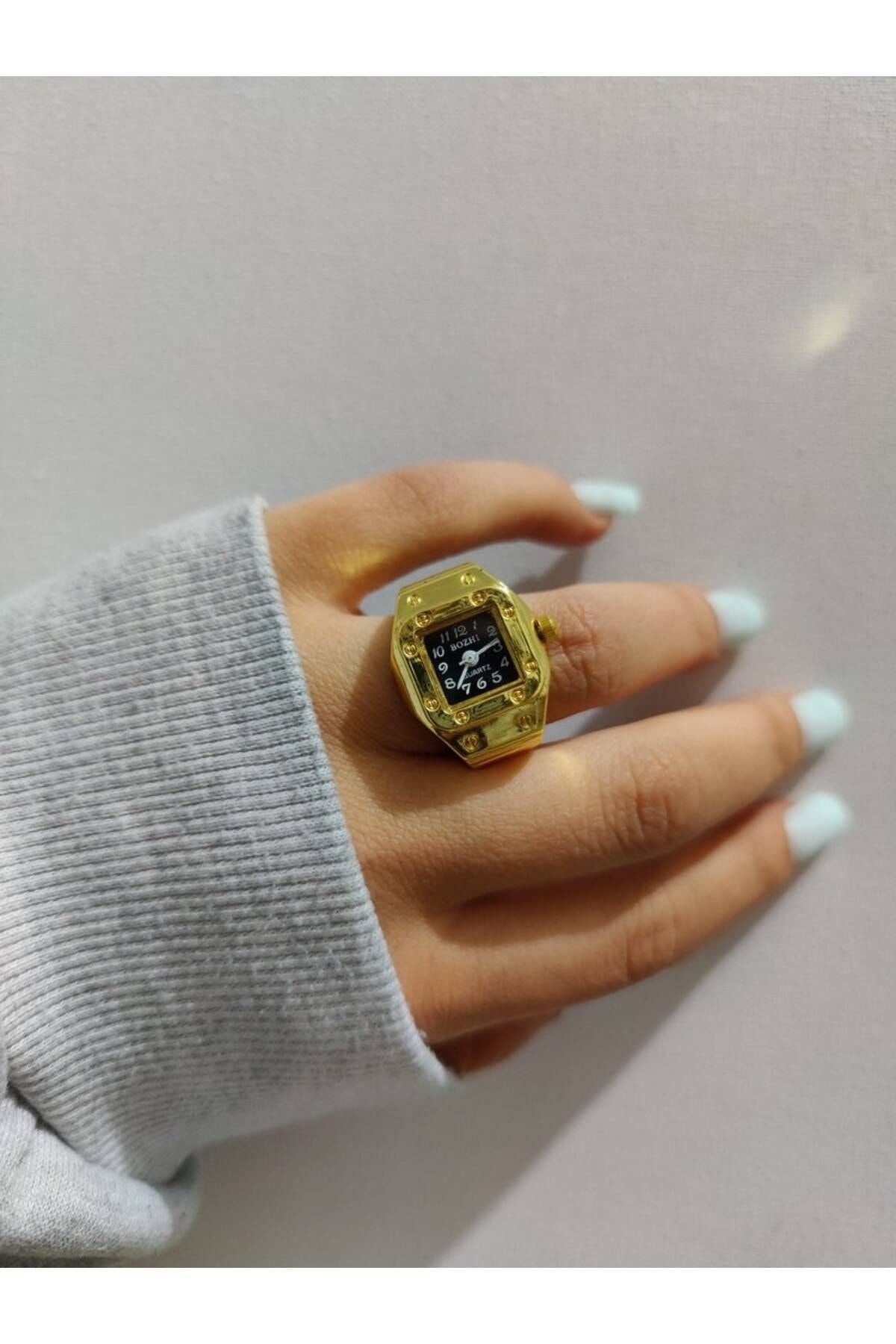 Mini Saat Yüzük, Parmak Saat, Minik Yüzük Saat, Altın Kare Mini Saat Yüzük