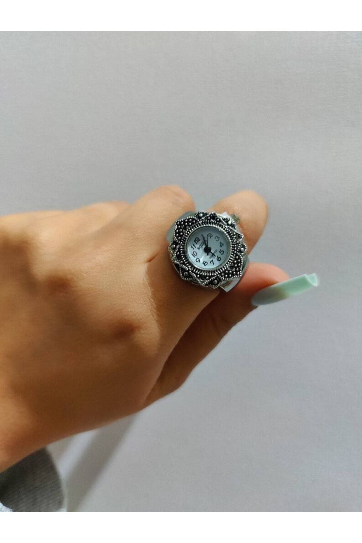 Mini Saat Yüzük, Retro Saat Yüzük, Benzersiz Yüzük, Parmak Yüzük, Beyaz Mini Saat Yüzük