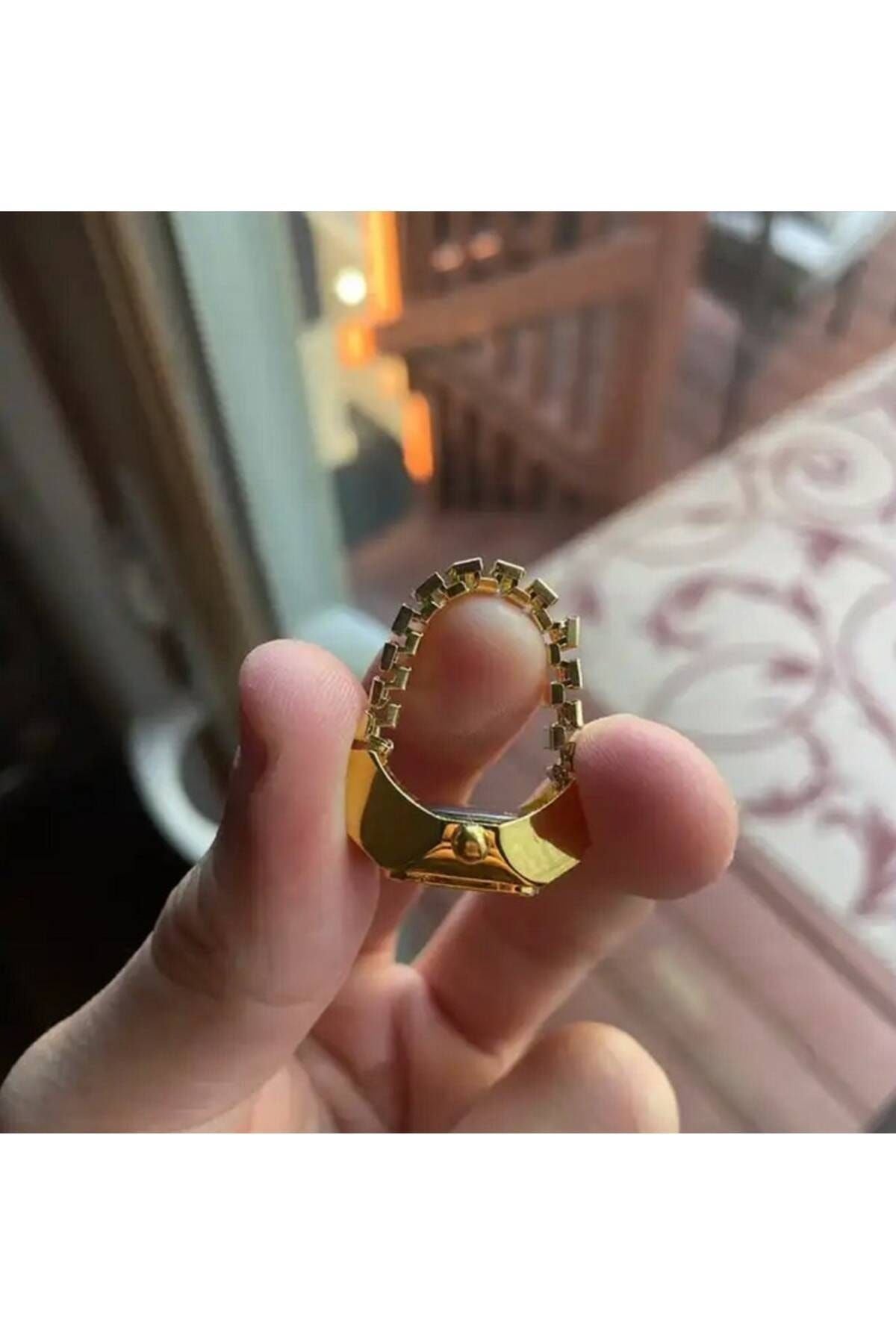 Mini Saat Yüzük, Parmak Saat, Minik Yüzük Saat, Altın Kare Mini Saat Yüzük