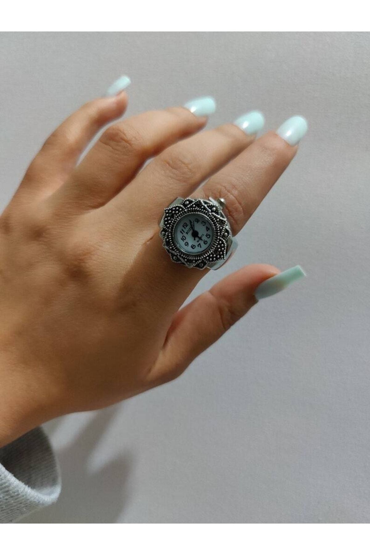 Mini Saat Yüzük, Retro Saat Yüzük, Benzersiz Yüzük, Parmak Yüzük, Beyaz Mini Saat Yüzük
